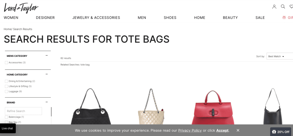 Lord & Taylor Internal Search Page
