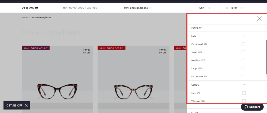 Bonlook Eyeglasses Faceted Navigation