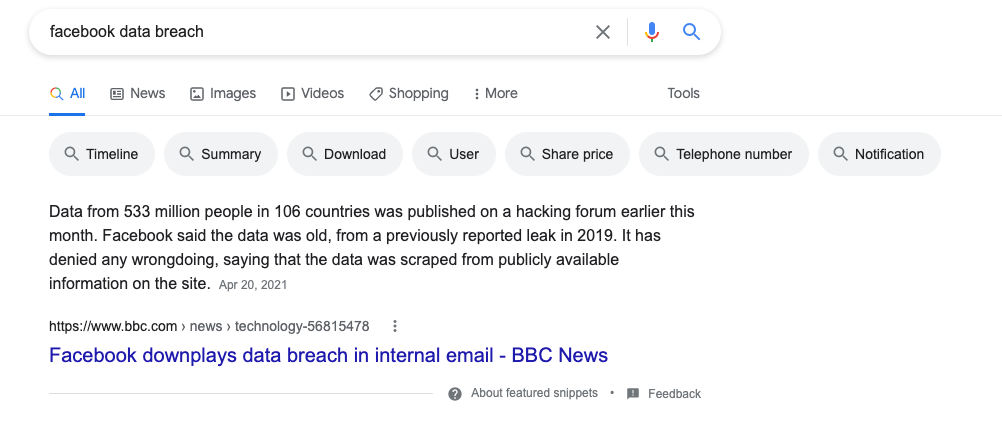 Facebook Data Breach Featured Snippet