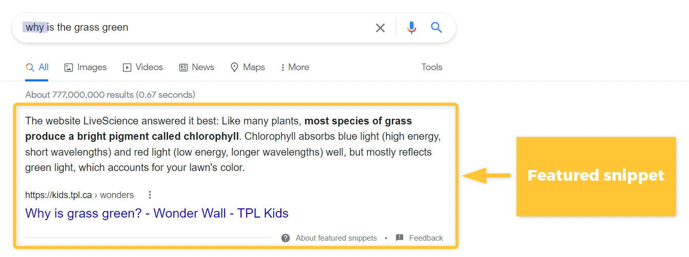 Featured snippet example used to improve SEO writing