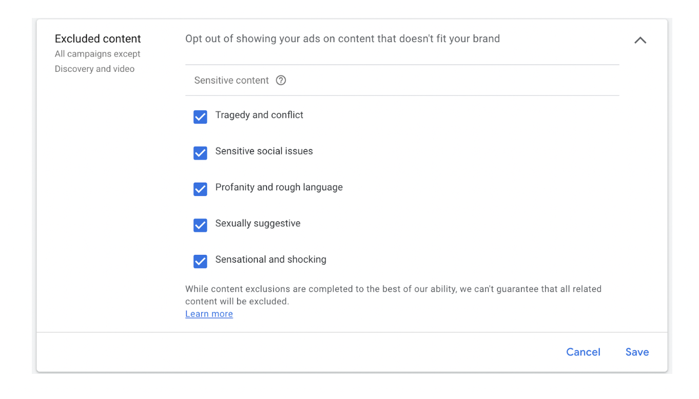 Google Ads Excluded Content