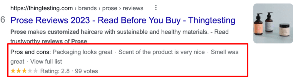 Reviews listed on Google's search result pages.