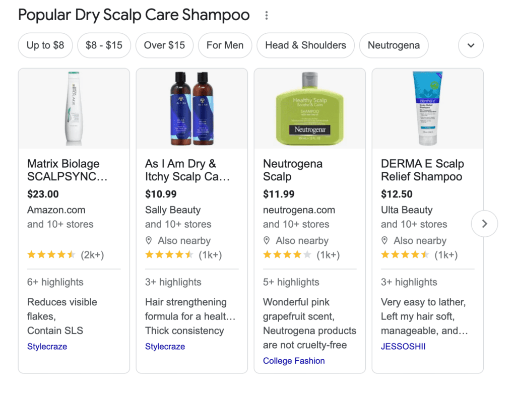 Popular hair products listed on Google.