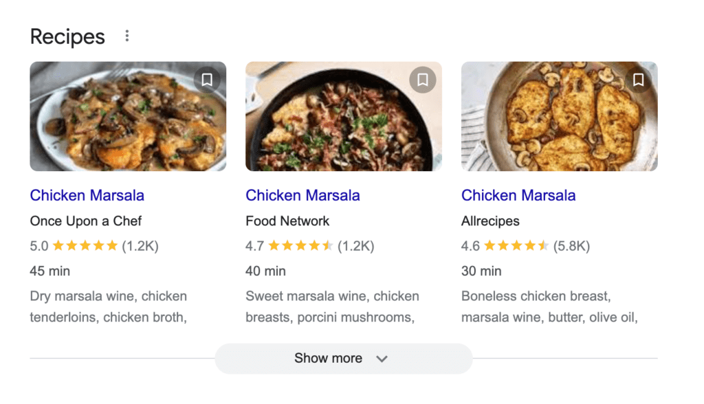 Three chicken recipe's listed by Google.