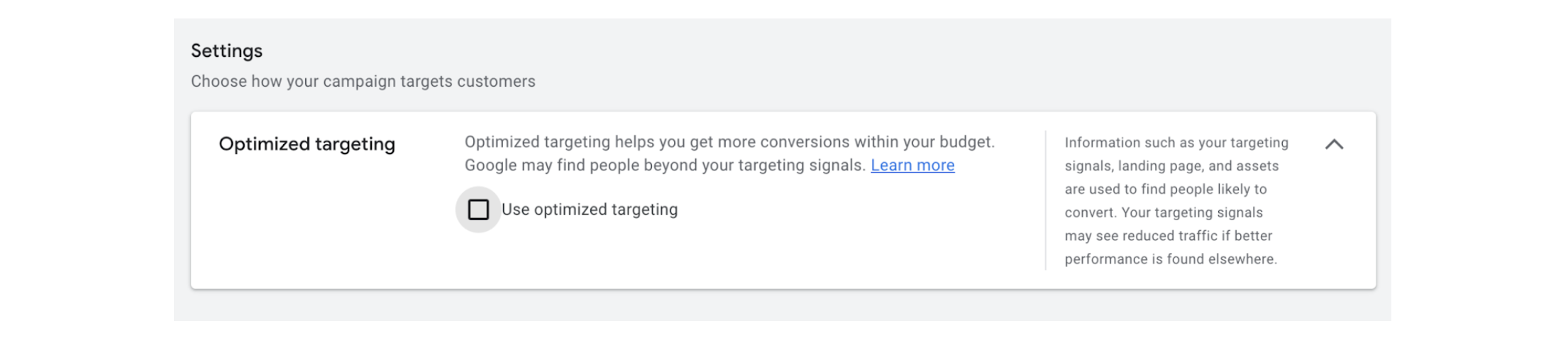 Google Ads Optimized Targeting Toggle Off