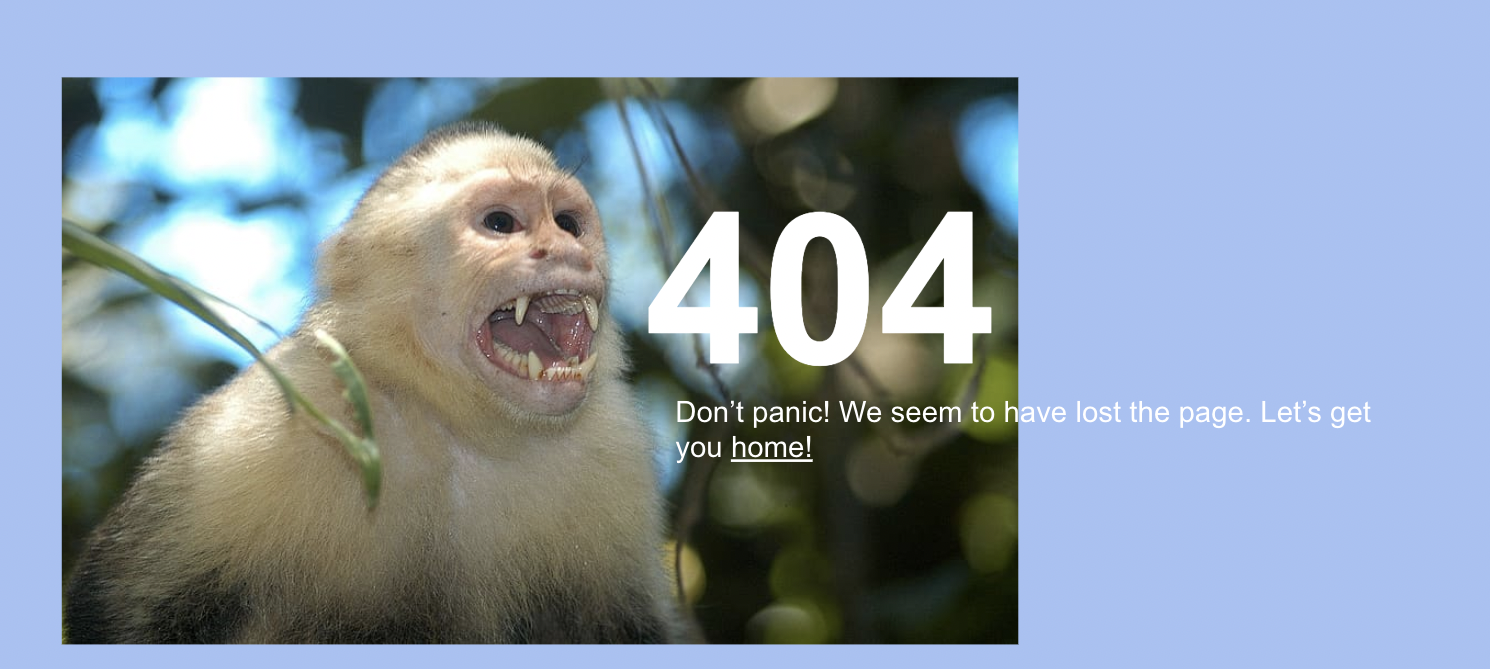 404 page not found banner of a monkey encouraging users not to panic while providing users with an alternative, working URL to visit