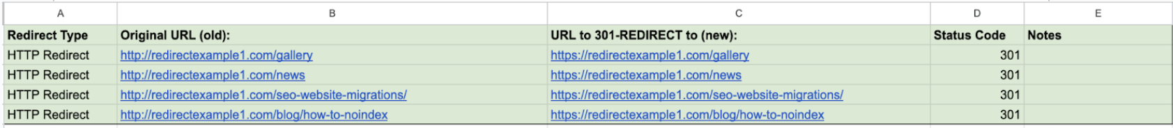 spreadsheet of URLs redirecting from HTTP to HTTPS with a 301 status code