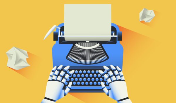 Robot typing on a typewriter.
