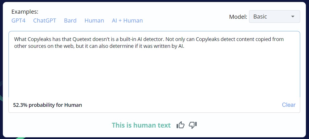 Copyleaks detecting AI-written content.