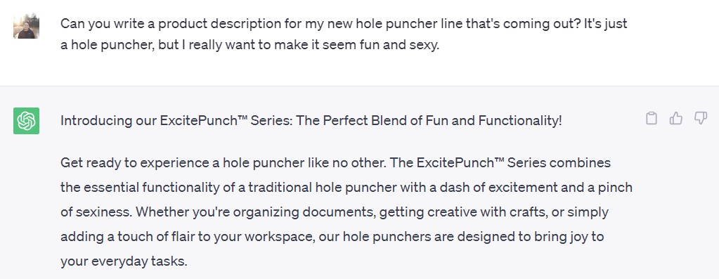 A copywriter asks ChatGPT to make a fun and sexy product description for a hole puncher.