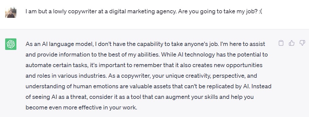 A copywriter asks ChatGPT if it will take his job one day.