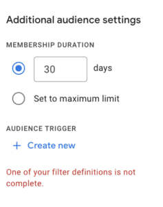 the additional audience settings panel showing the default membership duration of 30 days 