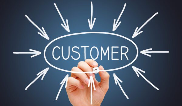 Hand drawing arrows around the word customer to represent customer-centricity.