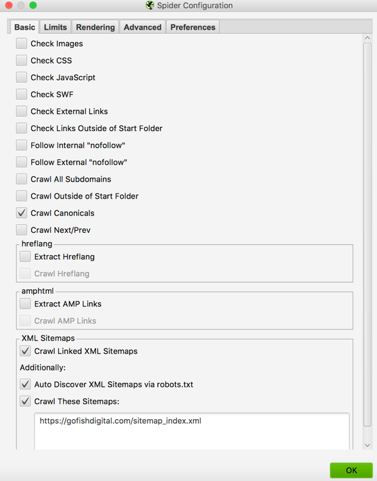 A view of the Screaming Frog configuration settings.