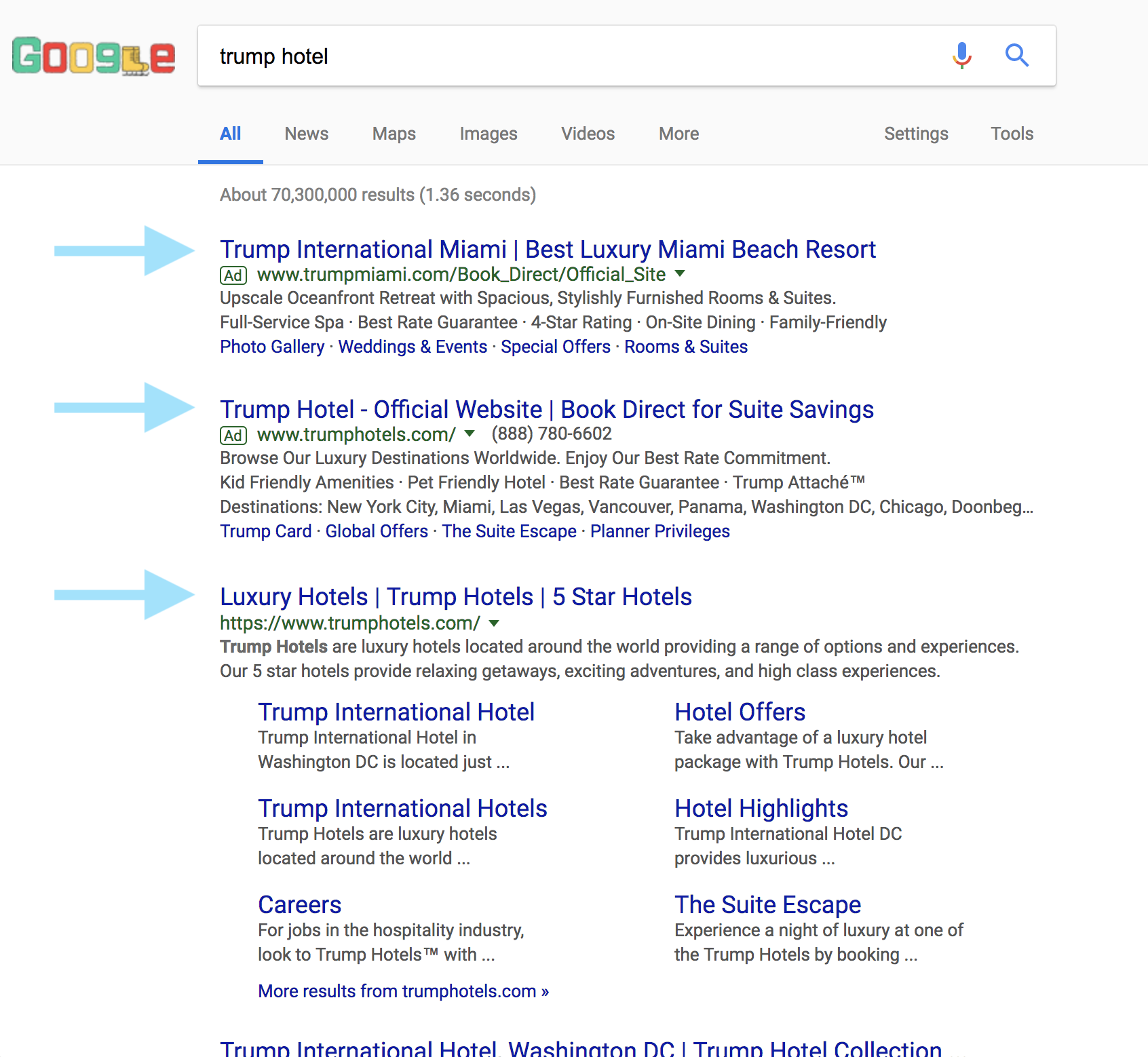 Above the fold SERP for Trump
