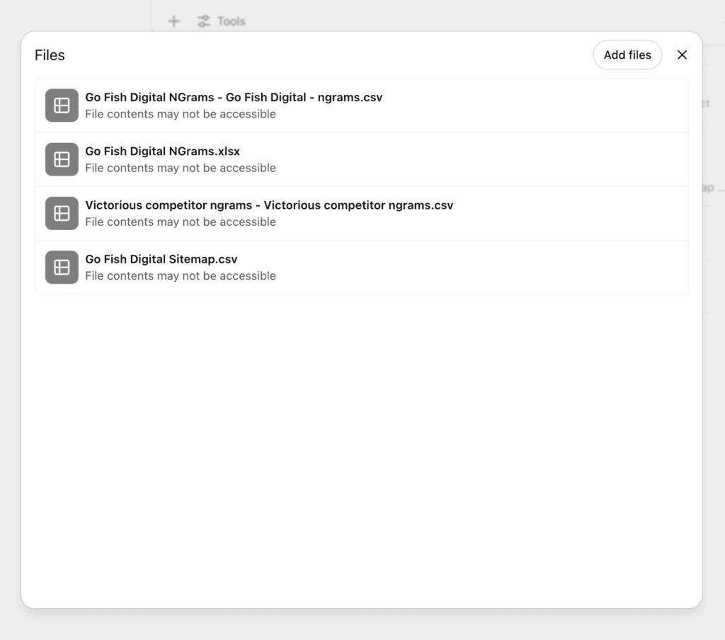ChatGPT project files with input data