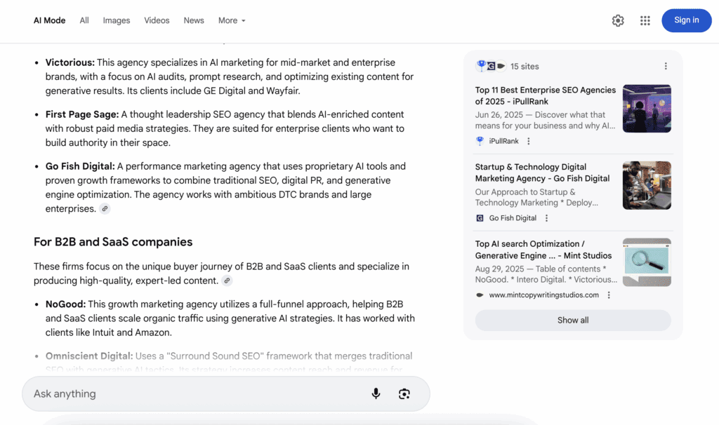 AI Mode results for Generative Engine Optimization (GEO)