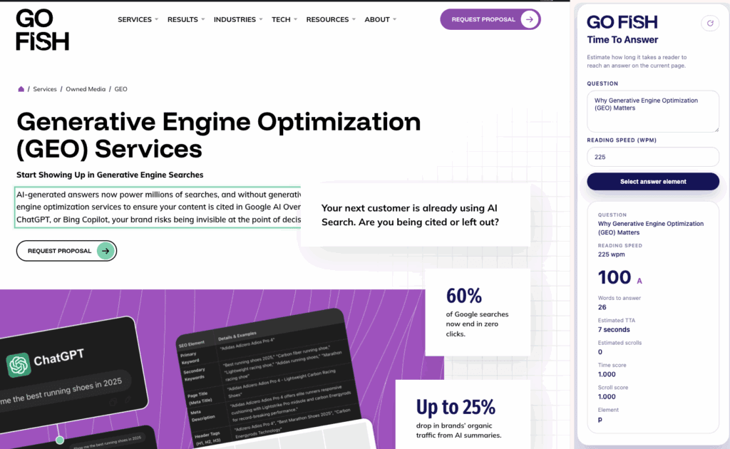 Go Fish Digital’s Time to Answer tool showing reading speed, word count, and estimated answer time.