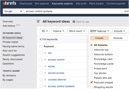 Featured Snippet filter in Ahrefs