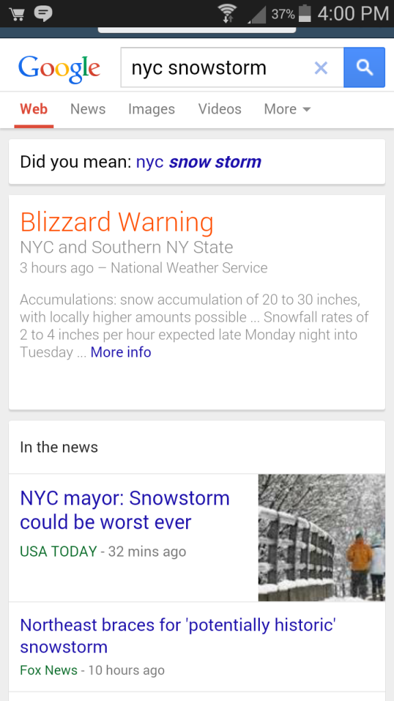 An emergency alert answer box showing on Google last Monday in response to warnings from the National Weather Service.