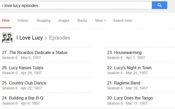 A search for 'I love Lucy episodes returns a unique layout of episode listings.