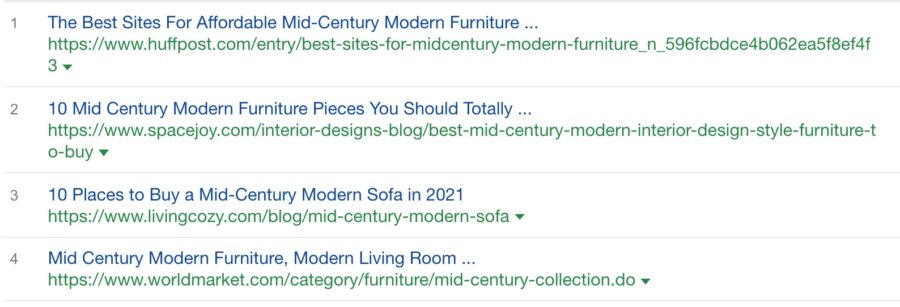Search rankings for the query mid century modern furniture, showing multiple articles or informational results
