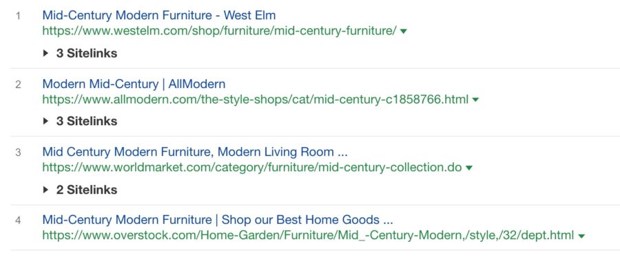 Search rankings for the query mid century modern furniture, showing multiple ecommerce results