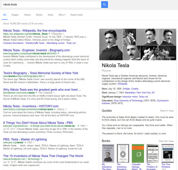 Nikola Tesla Results in Google