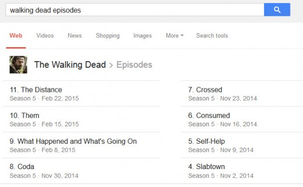 A search for 'Walking Dead episodes shows a results layout naming the most recent episodes.
